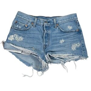Levi 501 Shorts‎ Blue Embroidered Floral Cut Off Denim Festival Boho Womens 27